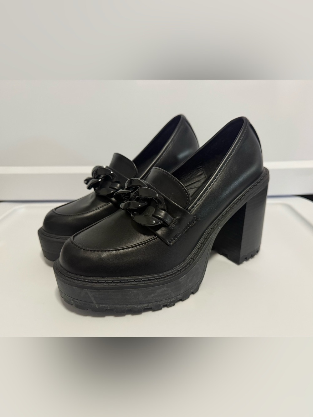 Madden Girl Black Chunky Platform Chain Loafers